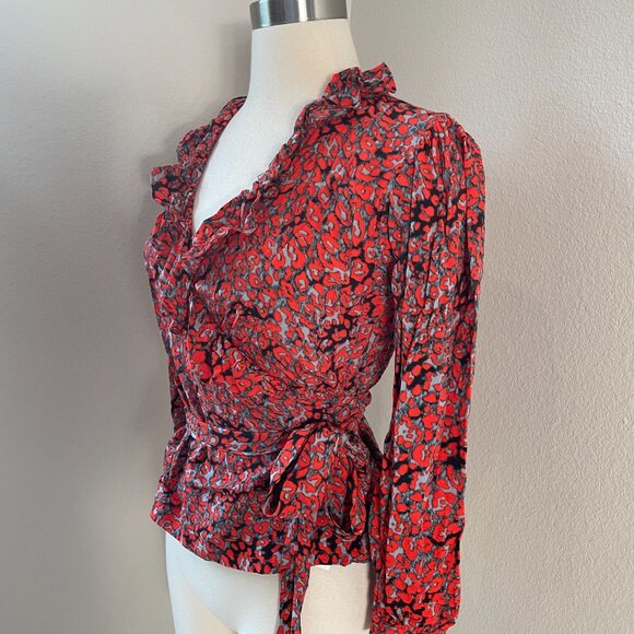 Maje Womens Small Red Gray Leopard Print Wrap Top With Ruffle Details - Picture 3 of 8